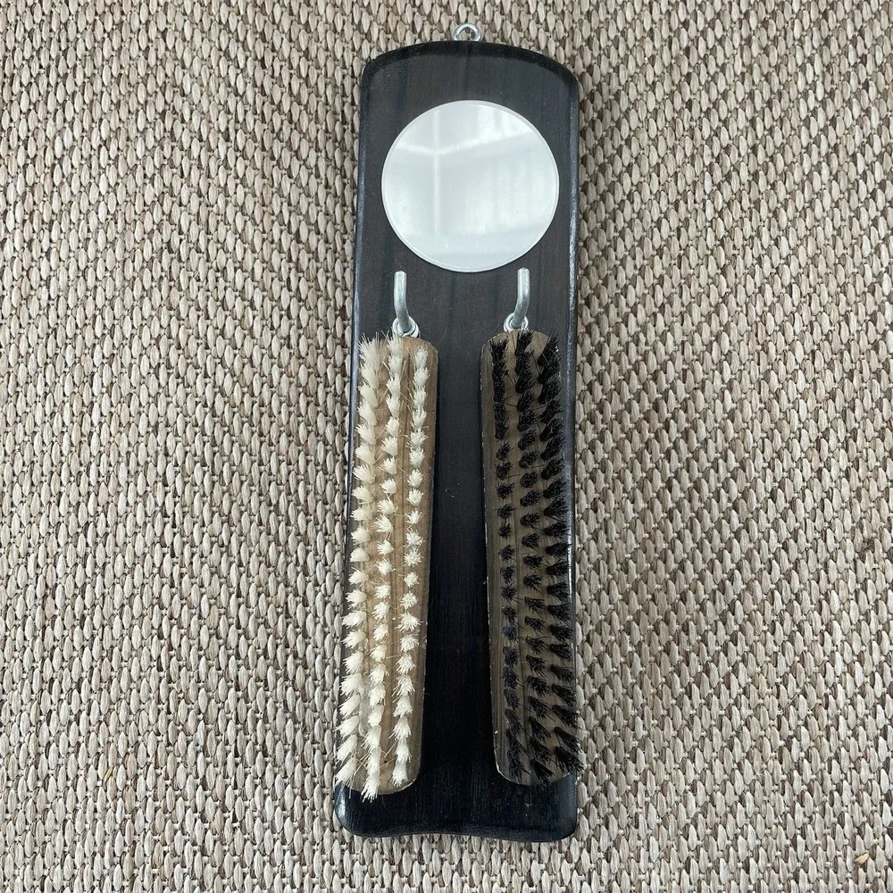 Vintage Mid Century Wood Wall Hanging Clothes Brushes & Mirror Set
